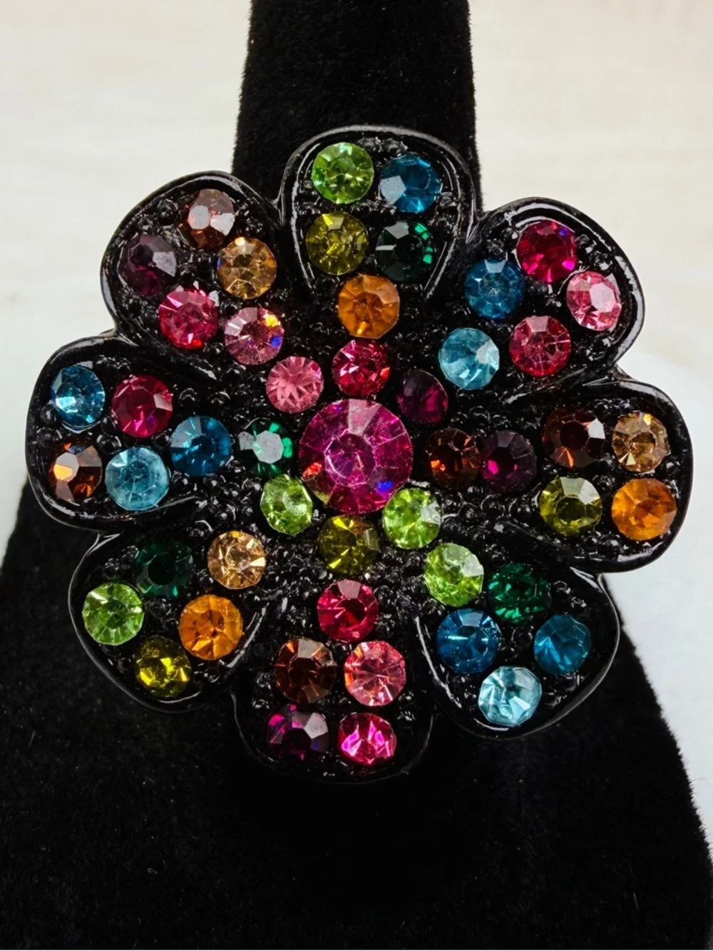 Multicolor Crystal black size 6 adjustable stretch Flower Statement Ring
